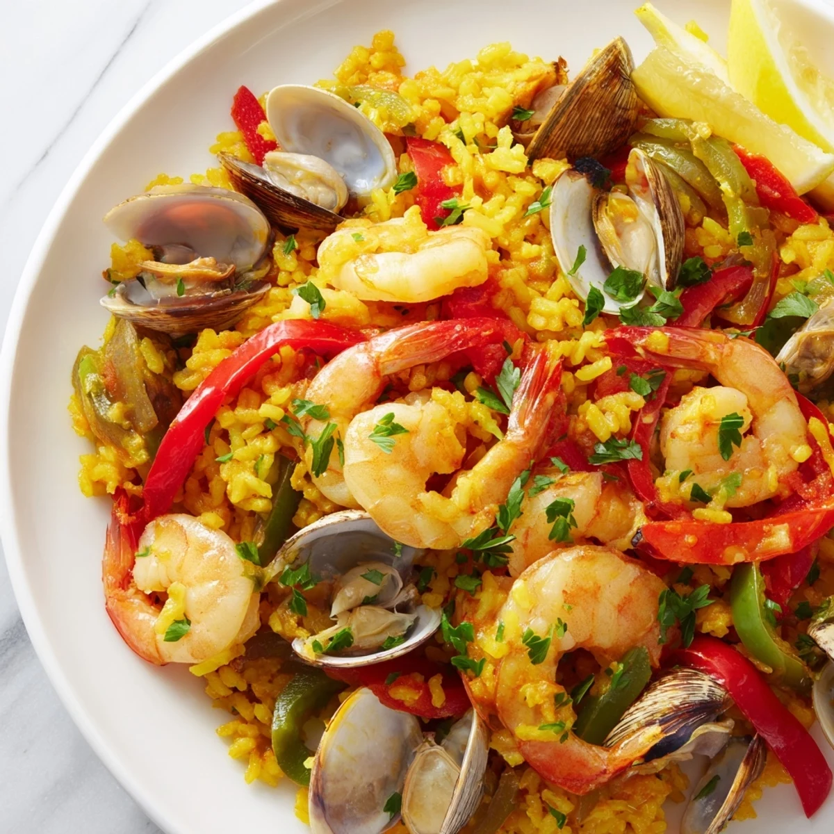 Golden saffron-infused rice and flavorful seafood star in this tempting Spanish Seafood Paella.
