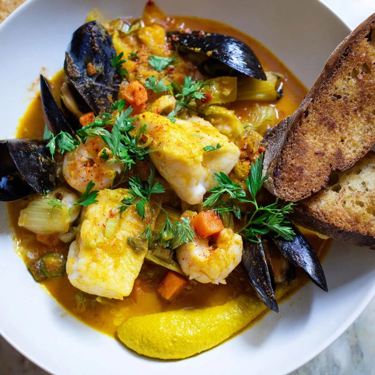 A steaming bowl of bouillabaisse with tender fish and shellfish, garnished with fresh parsley.