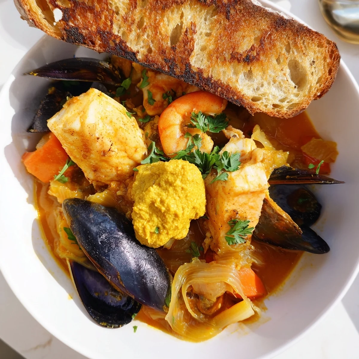 Warm, rich bouillabaisse served in a bowl with a side of toasted baguette and the signature rouille.