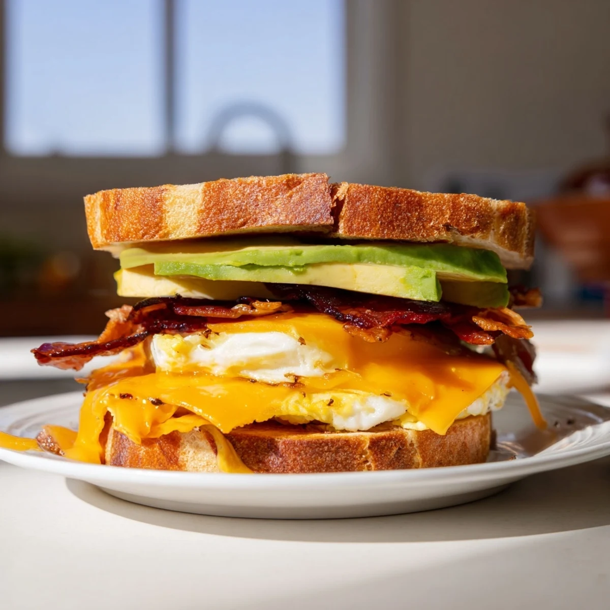 Golden toasted sourdough cradles crispy bacon, melted cheddar, creamy avocado, and a runny egg in this loaded breakfast sandwich.  
