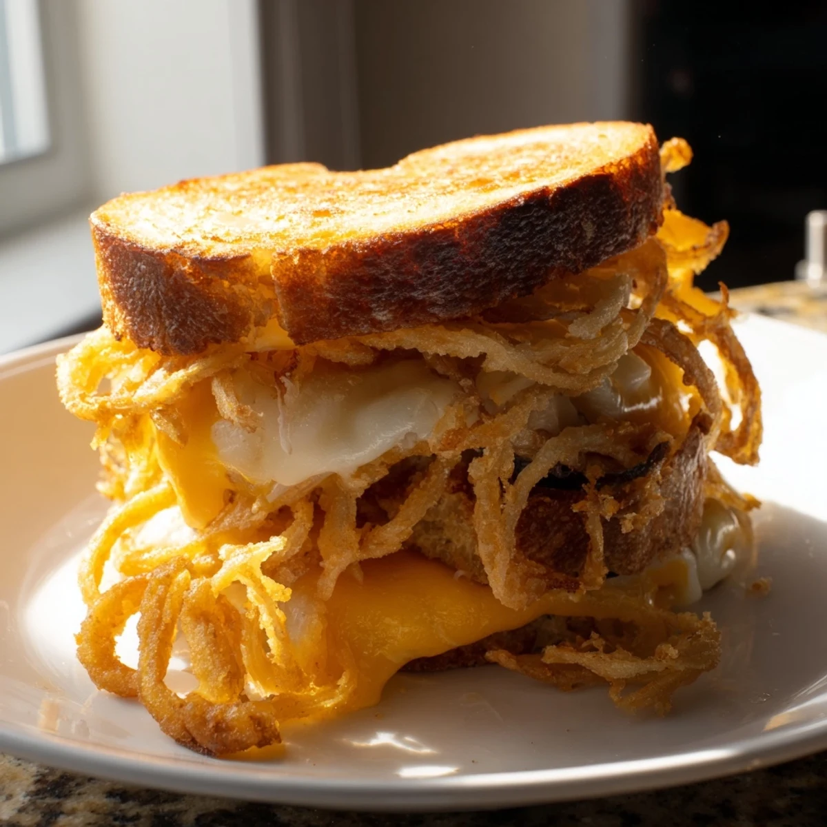 A close-up view shows the toasted, buttery bread and melted cheese with golden crispy onions peeking out from the interior layers.