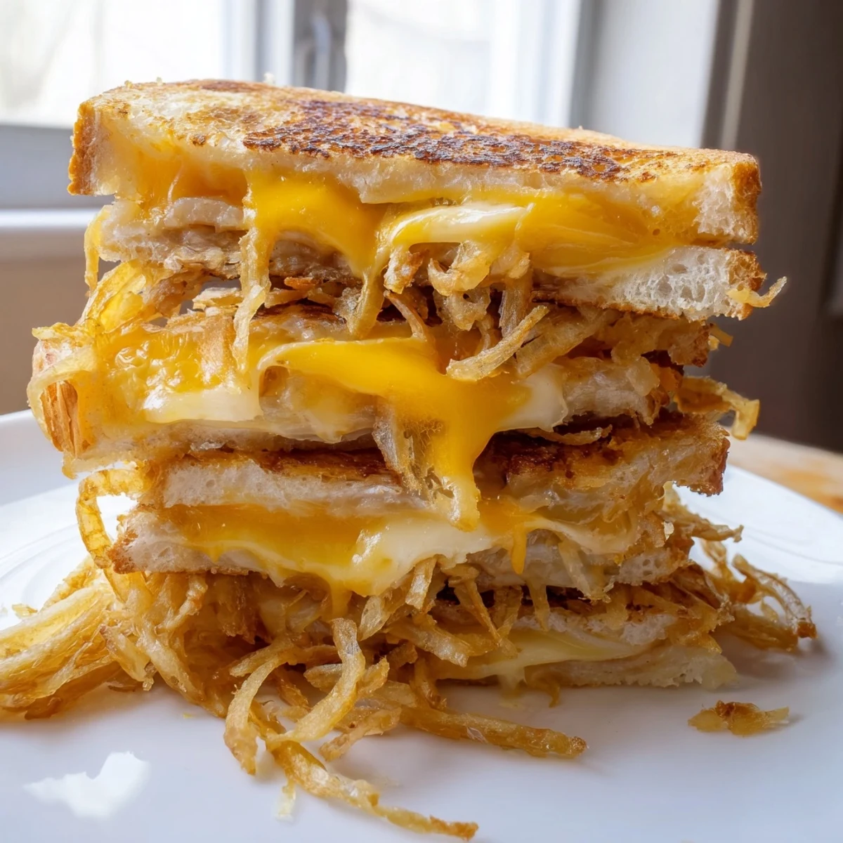 Golden, crispy fried onions and gooey cheddar and mozzarella melt between buttery sourdough slices in this decadent Crispy Onion Grilled Cheese.