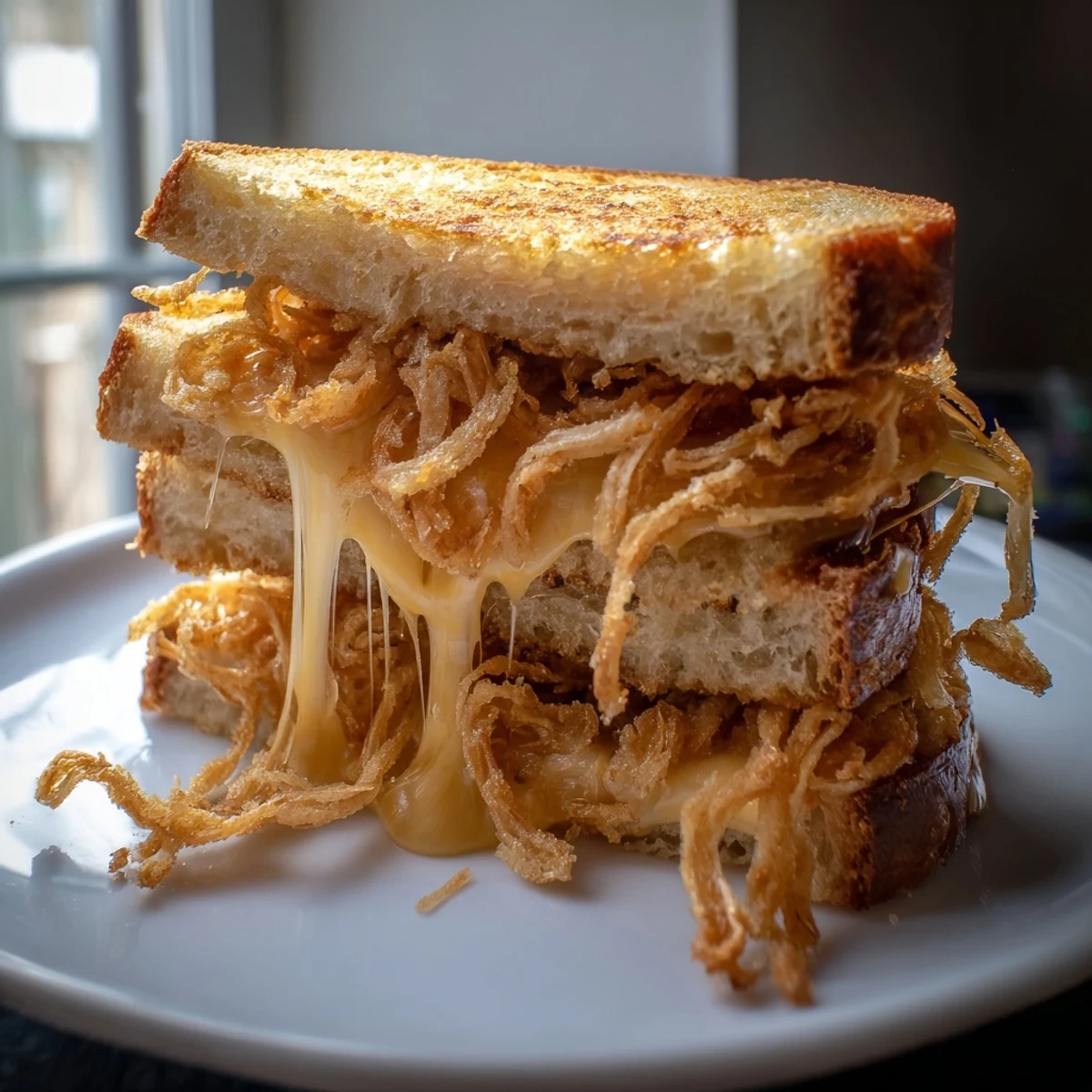Served hot and cut in half, this Crispy Onion Grilled Cheese offers a satisfying crunch next to a steaming bowl of tomato soup.