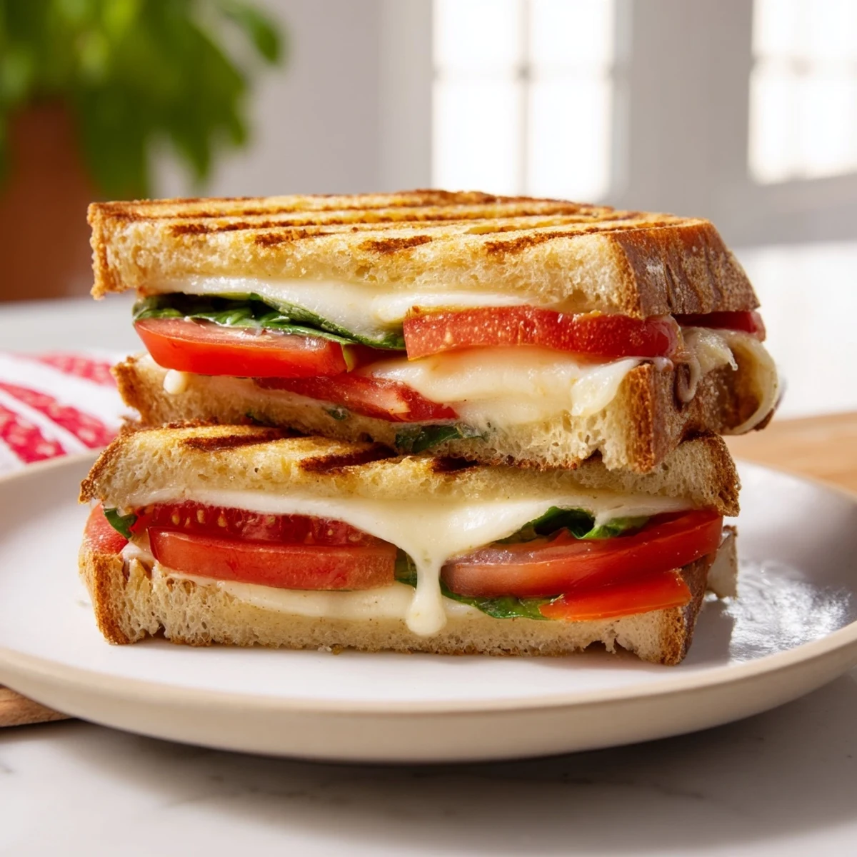 A golden panini press sandwich filled with melted mozzarella, fresh tomato slices, and basil pesto on toasted ciabatta bread.