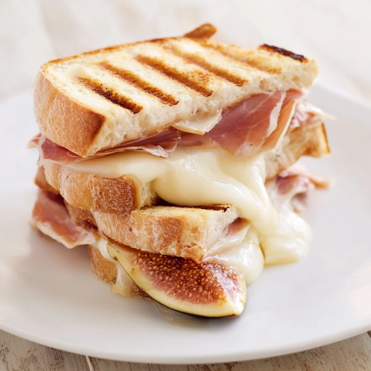 Golden-brown slices of the Crispy Prosciutto & Fig Panini reveal melted fontina cheese and fig jam inside, served on a wooden cutting board. 