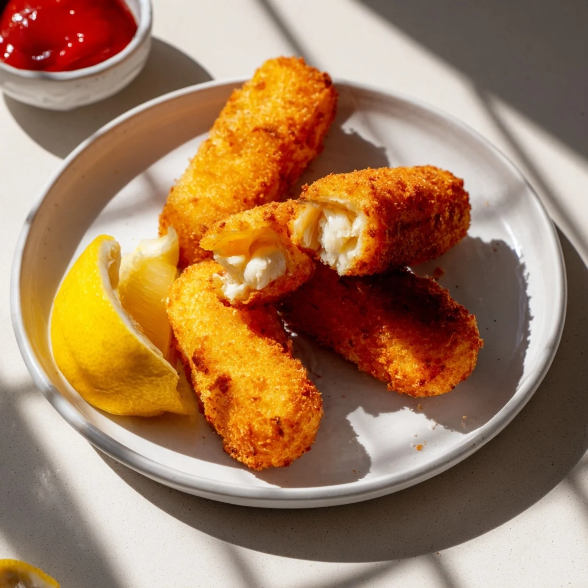 Golden-brown crispy panko halloumi batons arranged on a plate with fresh lemon wedges and a small ramekin of spicy dipping sauce.  