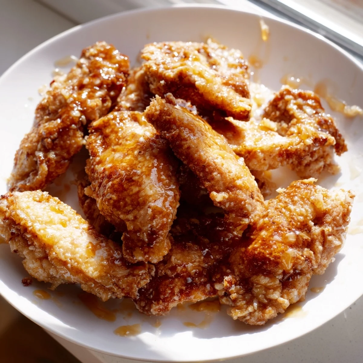 Golden-brown crispy fried chicken thighs coated in a spicy-sweet hot honey butter sauce, served on a platter.  