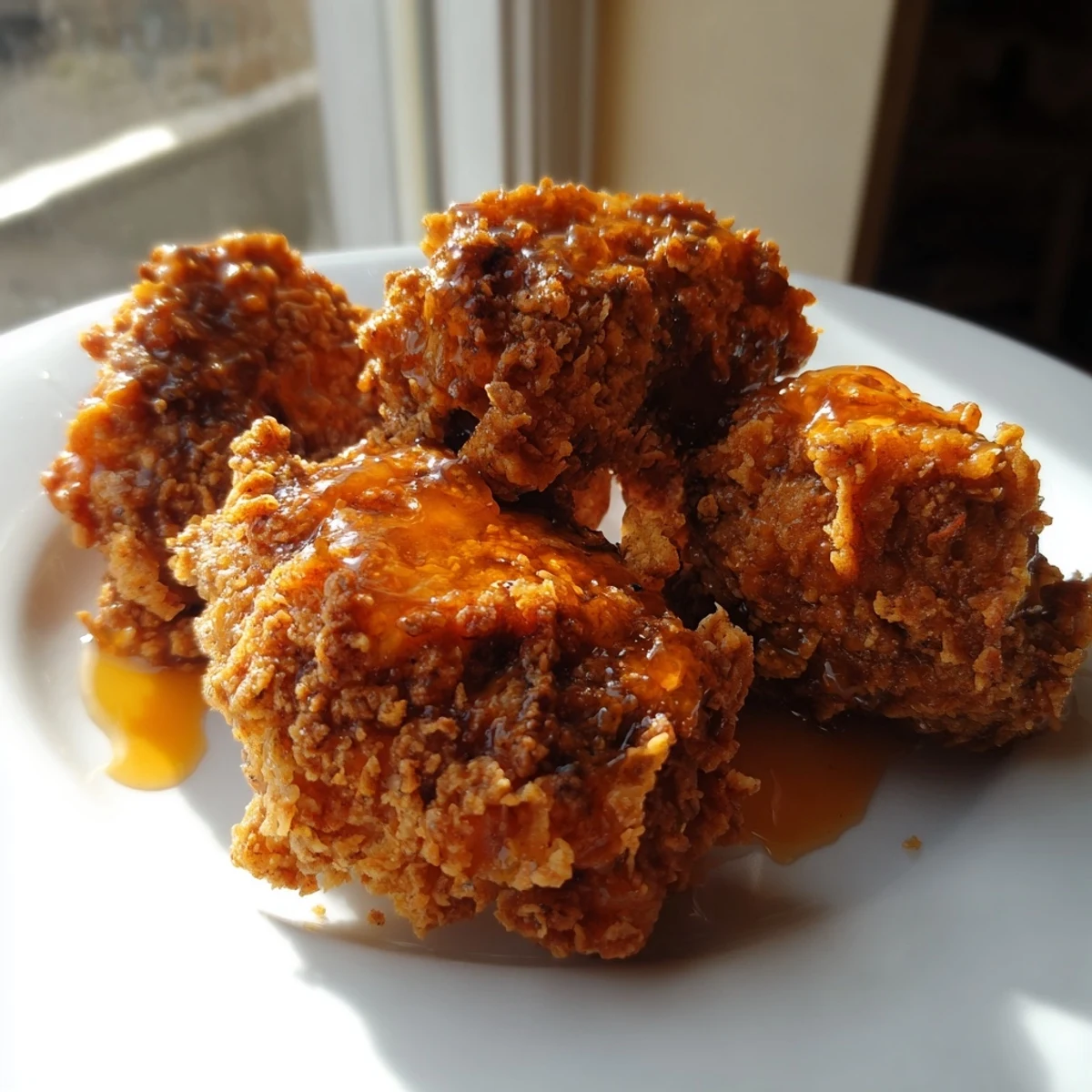 Hot Honey Butter Chicken pieces drizzled with honey and hot sauce, ideal for a family-style dinner presentation.