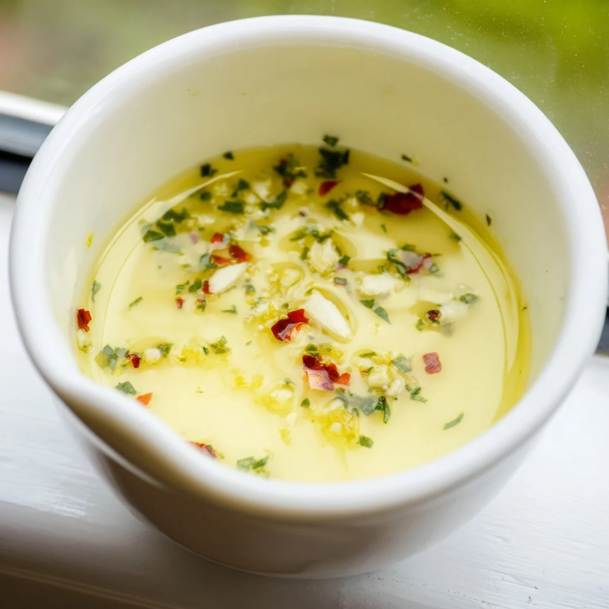 A close-up of warm Cowboy Butter Sauce drizzled over grilled steak and asparagus, with lemon zest and fresh herbs.  