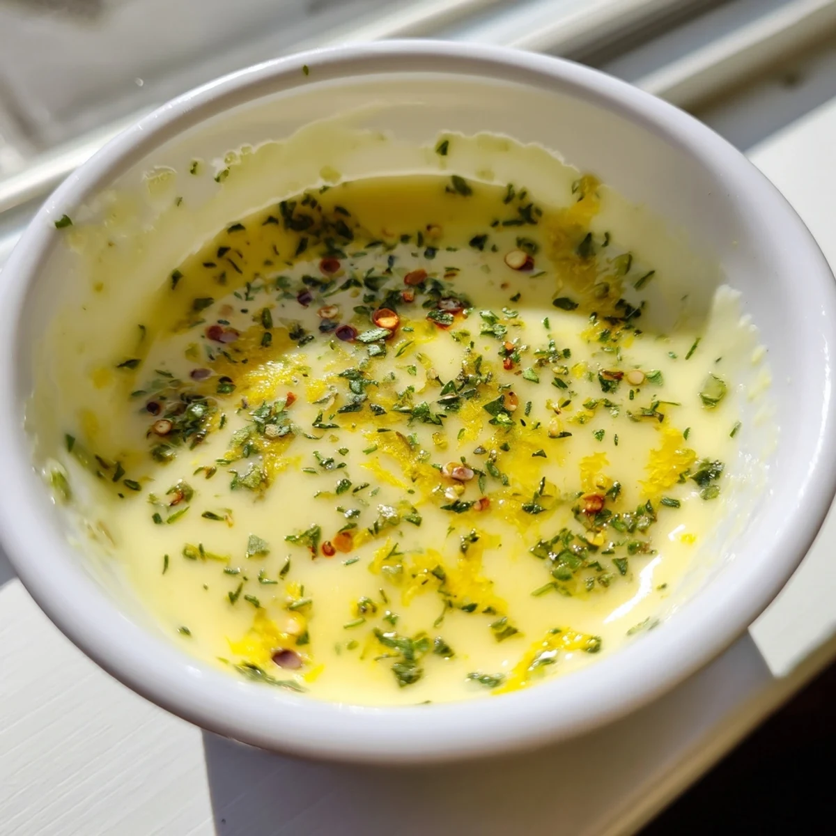 Golden melted Cowboy Butter Sauce in a rustic pan, with garlic, Dijon mustard, and spices visible, steaming gently.