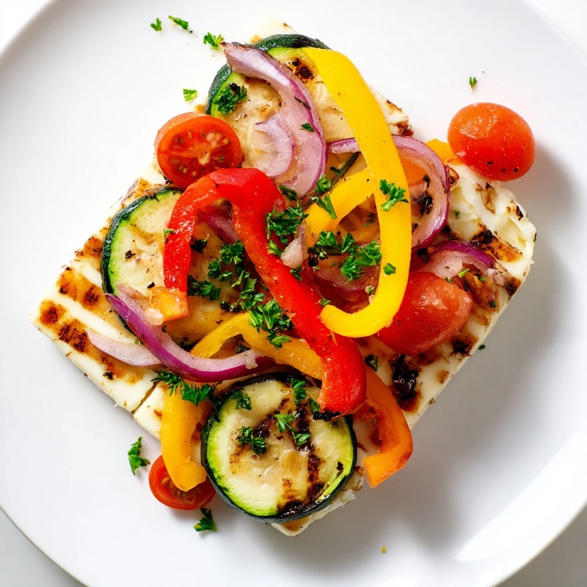 Thick slices of grilled Halloumi Cheese Steak with charred bell peppers and zucchini, garnished with fresh parsley and lemon wedges.