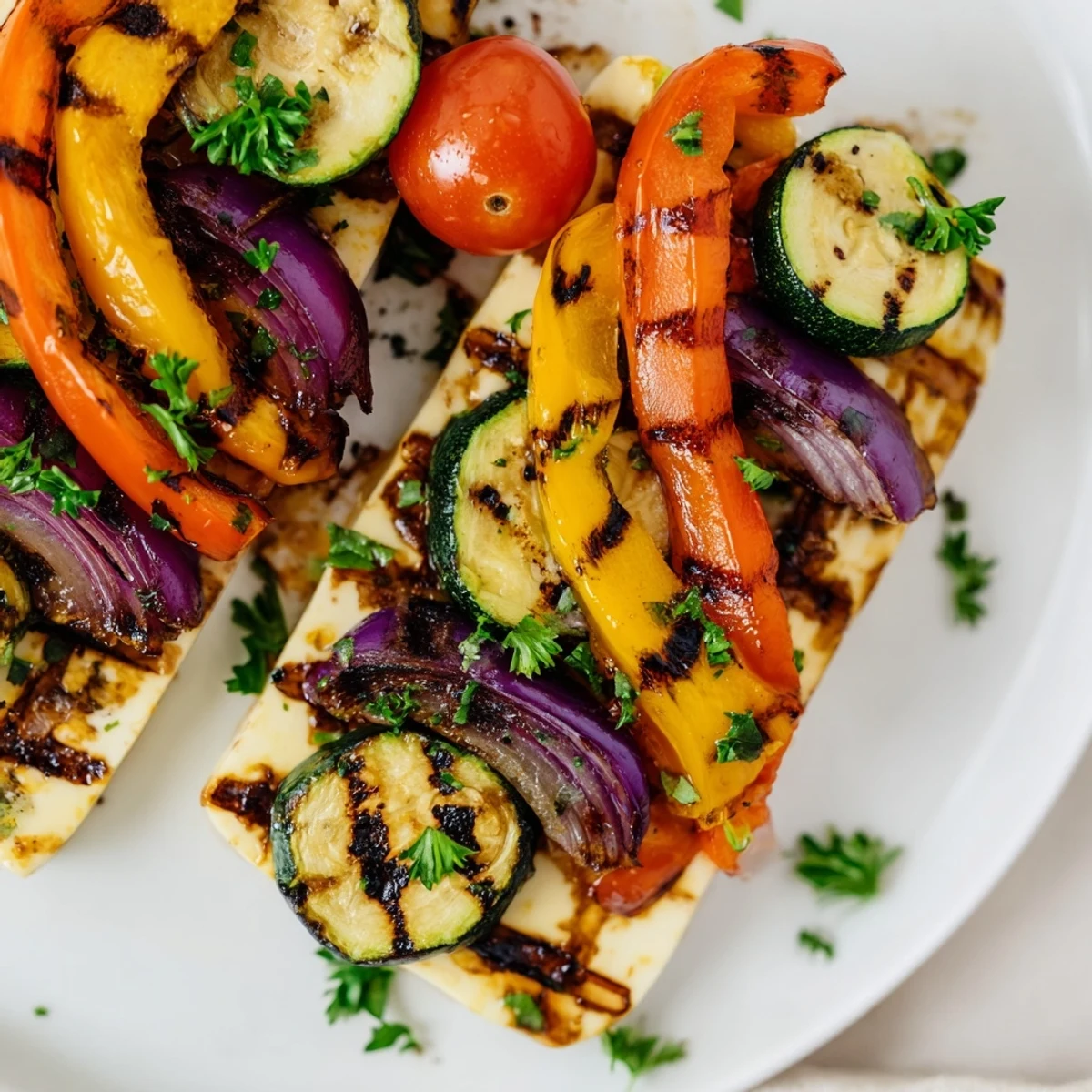 Juicy vegetarian Halloumi Cheese Steak with Mediterranean vegetables, drizzled with balsamic and olive oil, perfect for a hearty meal.