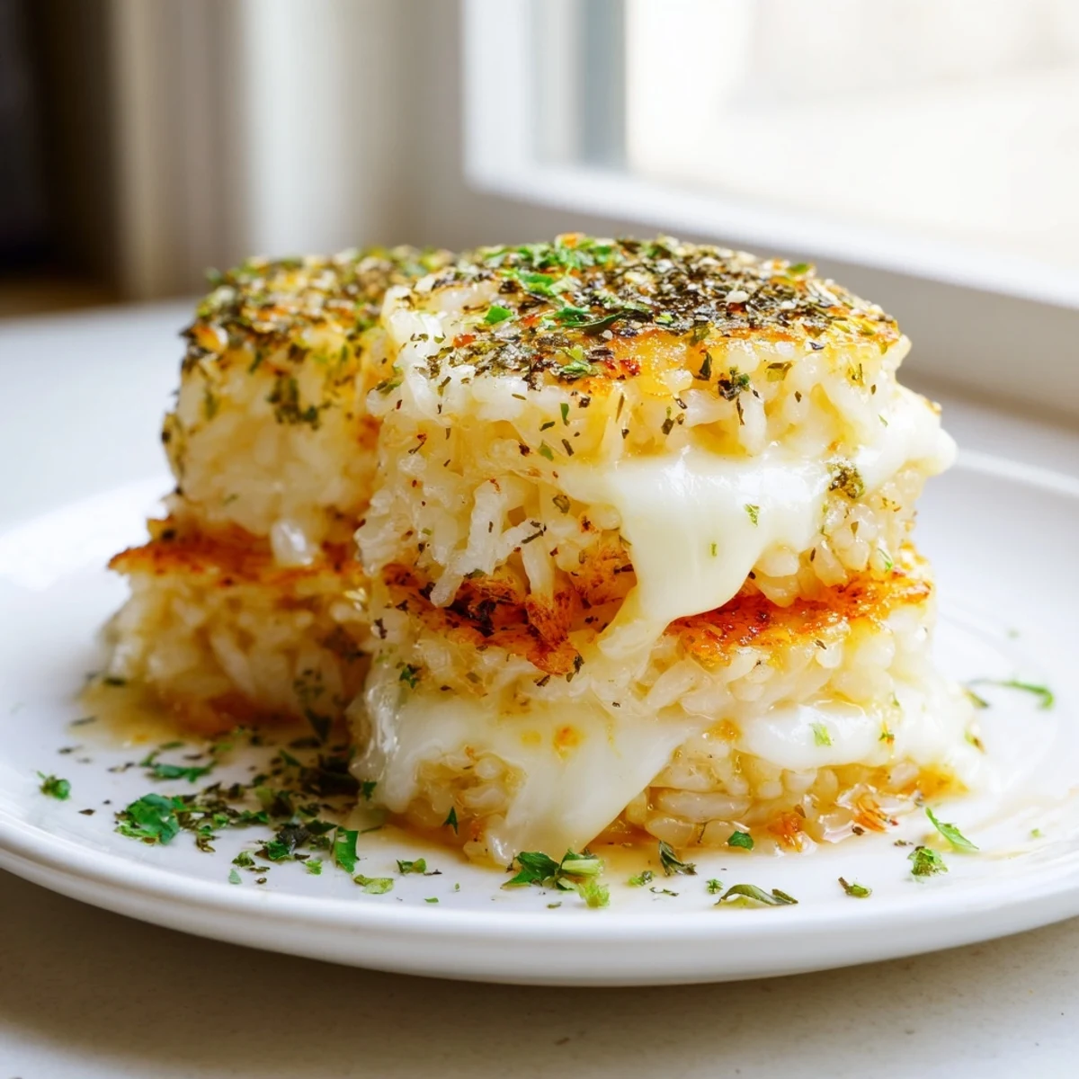 Golden-brown Crispy Rice Cake Cheese Stacks topped with melted mozzarella and fresh parsley.