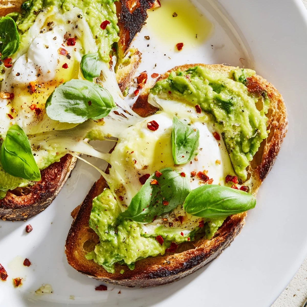 Ripe avocado mash and gooey mozzarella melt together on toasted rustic bread, creating an inviting open-faced snack perfect for a light lunch.