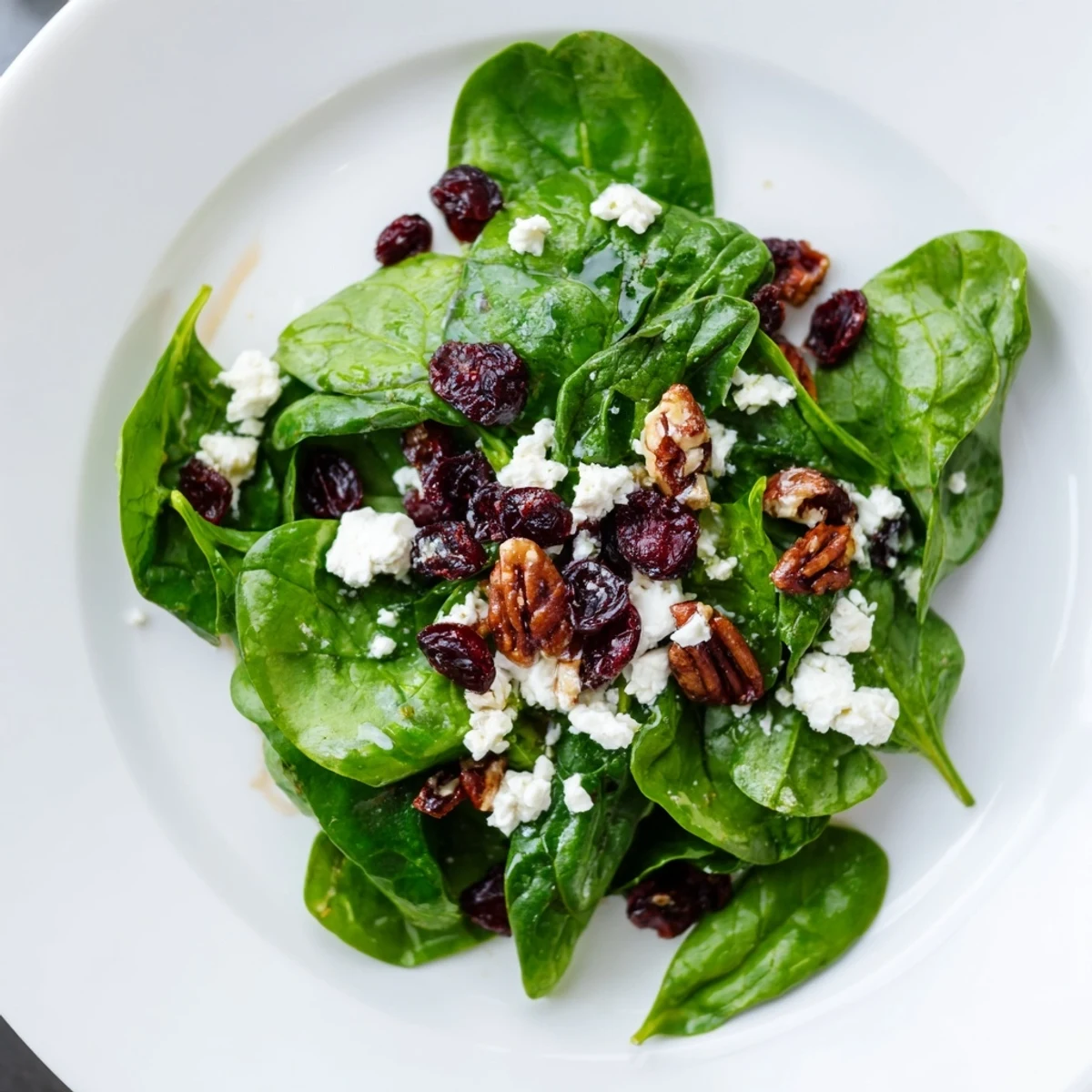 Fresh baby spinach leaves tossed with creamy crumbled goat cheese, sweet dried cranberries, and crunchy candied pecans, drizzled with tangy balsamic vinaigrette.  