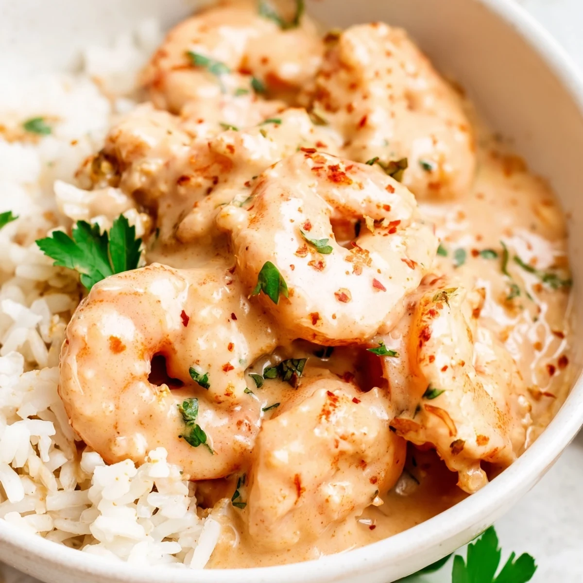 A vibrant bowl of Creamy Cajun Shrimp Rice Bowl, featuring tender pink shrimp nestled on fluffy white jasmine rice and drizzled with rich, spicy sauce.