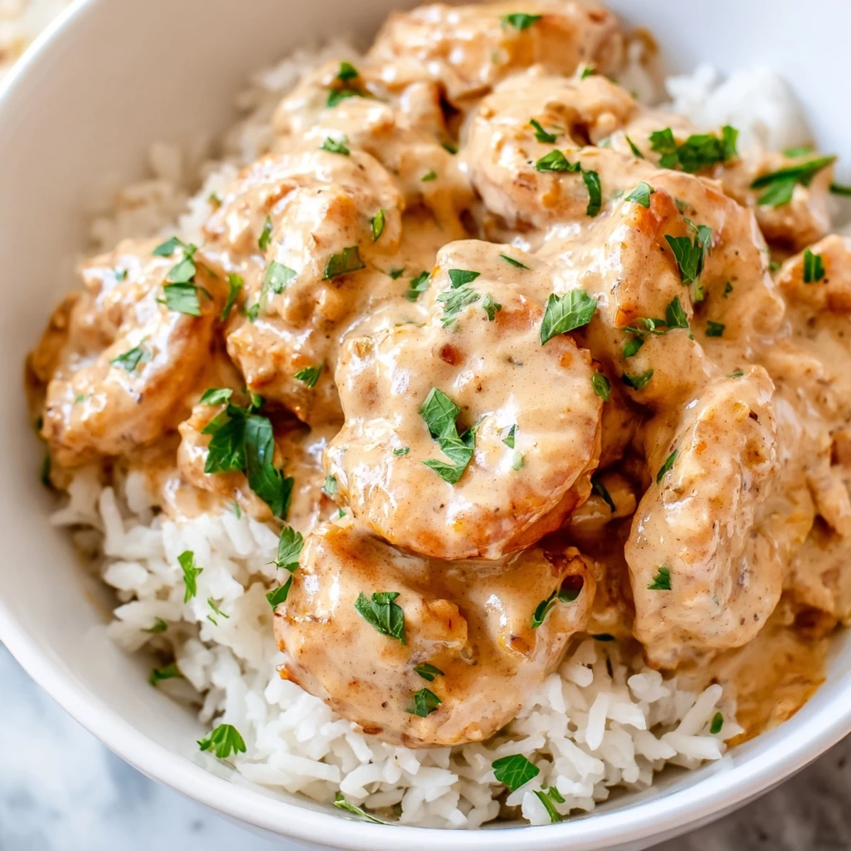 Close-up of Creamy Cajun Shrimp Rice Bowl showing succulent shrimp in a creamy orange Cajun sauce with red bell peppers and aromatic herbs over rice.