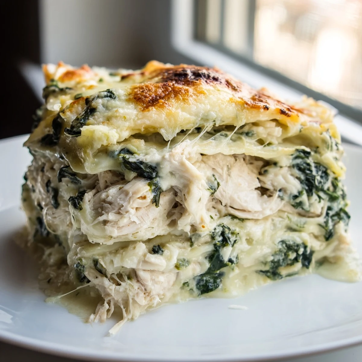 Steaming slice of Chicken Alfredo Lasagna showing pasta sheets, ricotta spinach filling, and bubbling cheese served on a white plate.