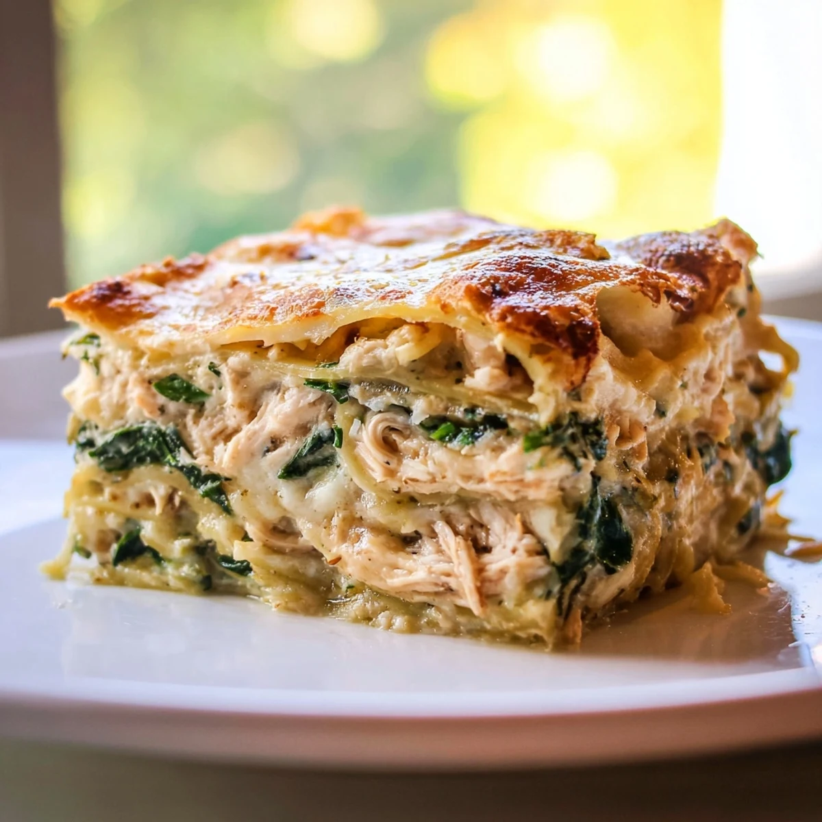 Freshly baked Chicken Alfredo Lasagna garnished with parsley, perfect with a side salad and glass of Pinot Grigio for dinner.