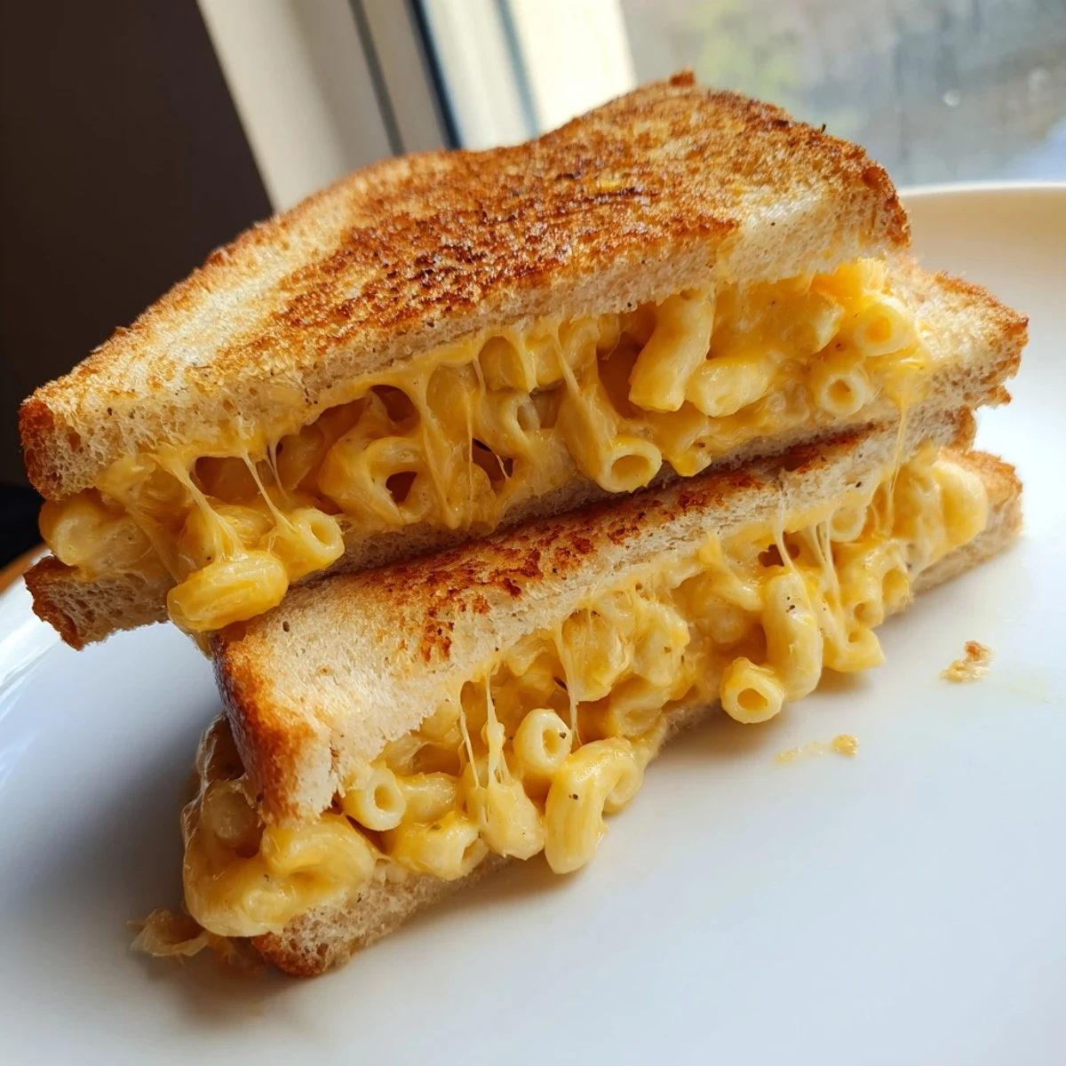 Golden-brown sourdough slices cradle creamy homemade mac and cheese, creating a melty, comforting sandwich perfect for a quick lunch.