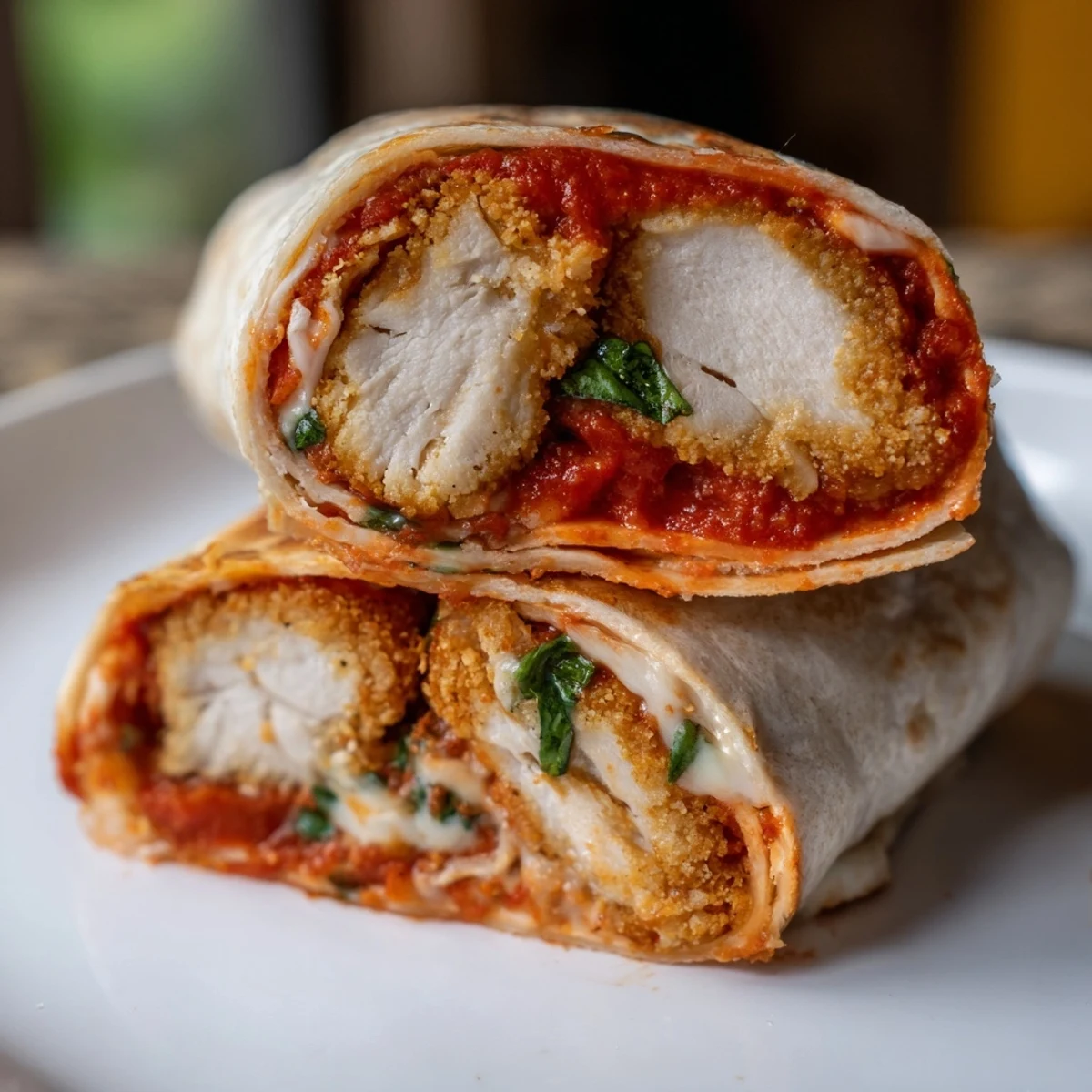 Golden-brown crispy chicken Parmesan sits inside a soft flour tortilla with melted mozzarella and fresh basil.