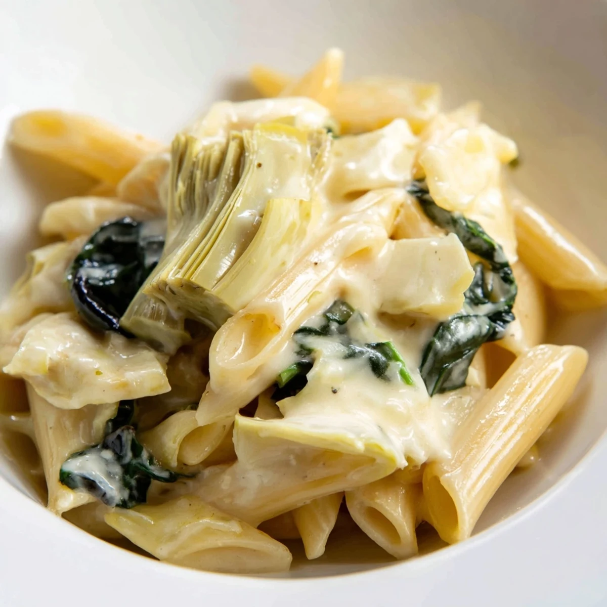 Bubbly golden Artichoke Pasta Bake fresh from the oven, with creamy Parmesan sauce and wilted spinach peeking through.