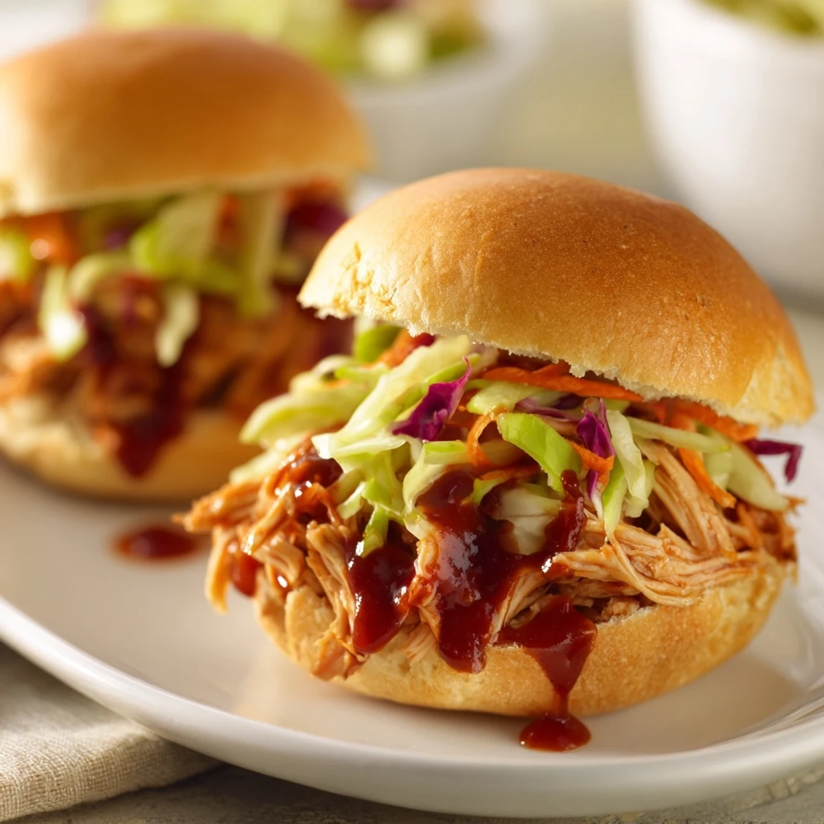 Succulent pulled BBQ chicken nestled in soft mini slider buns, topped with creamy, tangy coleslaw. Perfect for game day gatherings and casual summer picnics.  