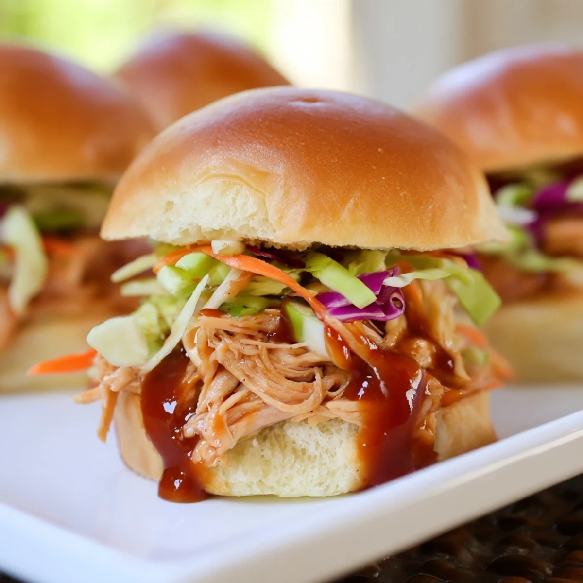 Freshly assembled BBQ chicken sliders with vibrant red and green cabbage slaw, ready to serve on a wooden platter for family dinners.