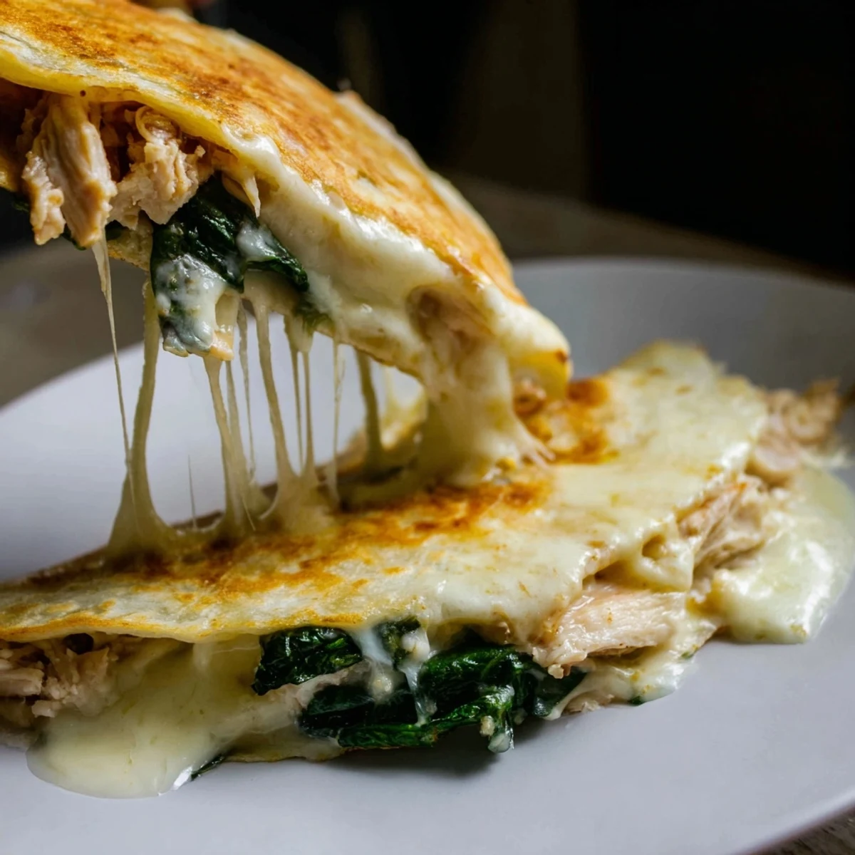A rustic wooden board holding a golden Chicken and Spinach Quesadilla wedges, garnished with fresh cilantro and lime for a bright Mexican-American flavor.