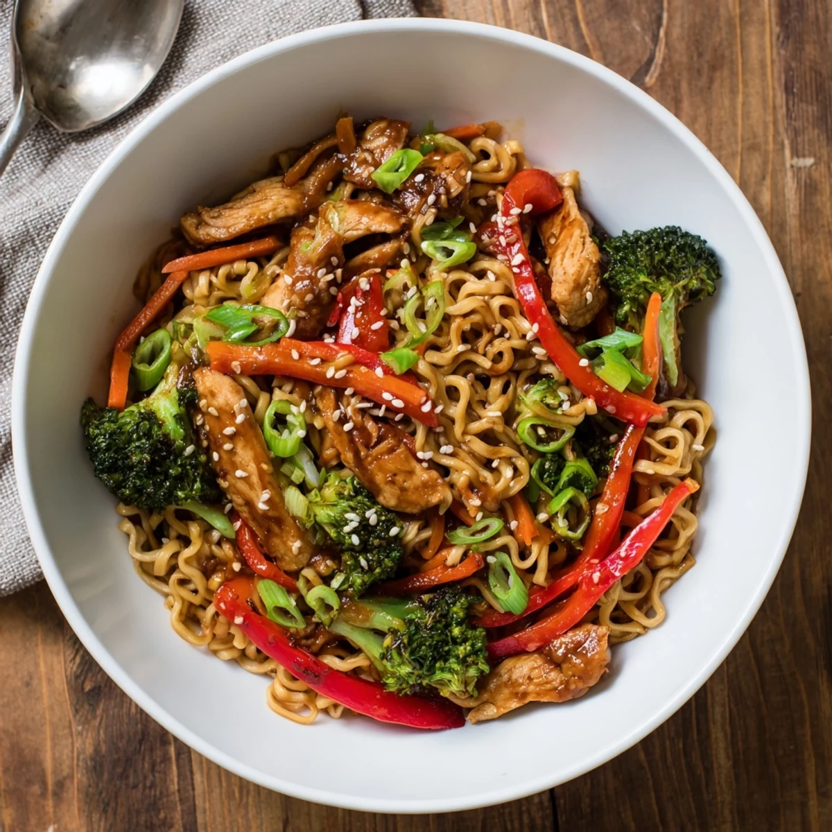 A close-up of Spicy Ramen Stir-Fry in a black bowl, featuring glossy noodles, colorful bell peppers, broccoli, and tender chicken with a vibrant red-orange sauce.  