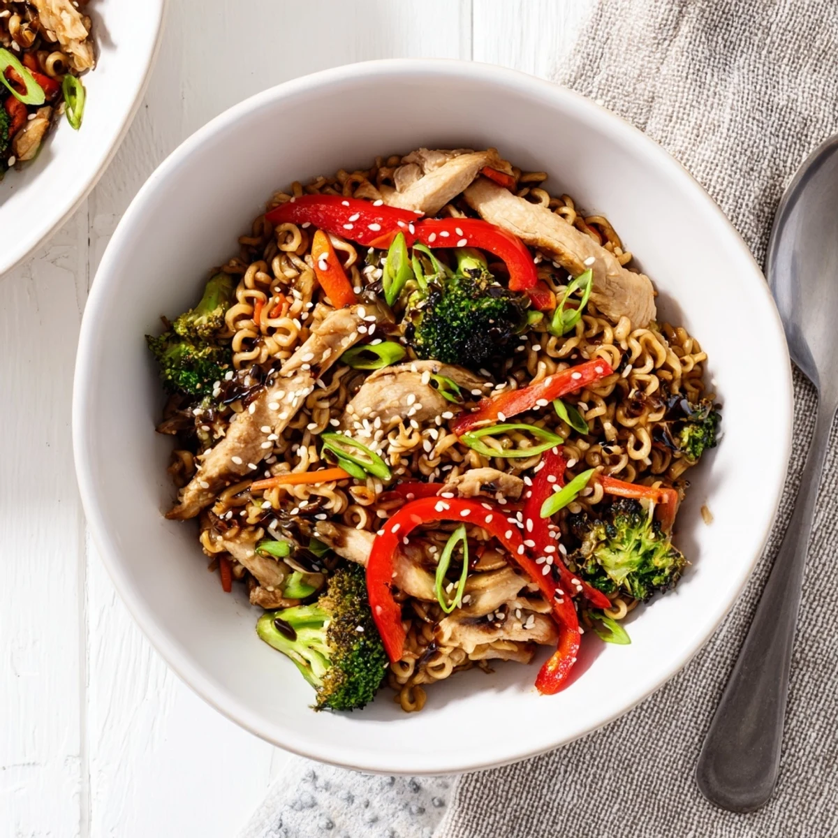 Spicy Ramen Stir-Fry served steaming hot, garnished with sesame seeds and green onions, alongside chopsticks ready for a flavorful Asian-fusion meal.  