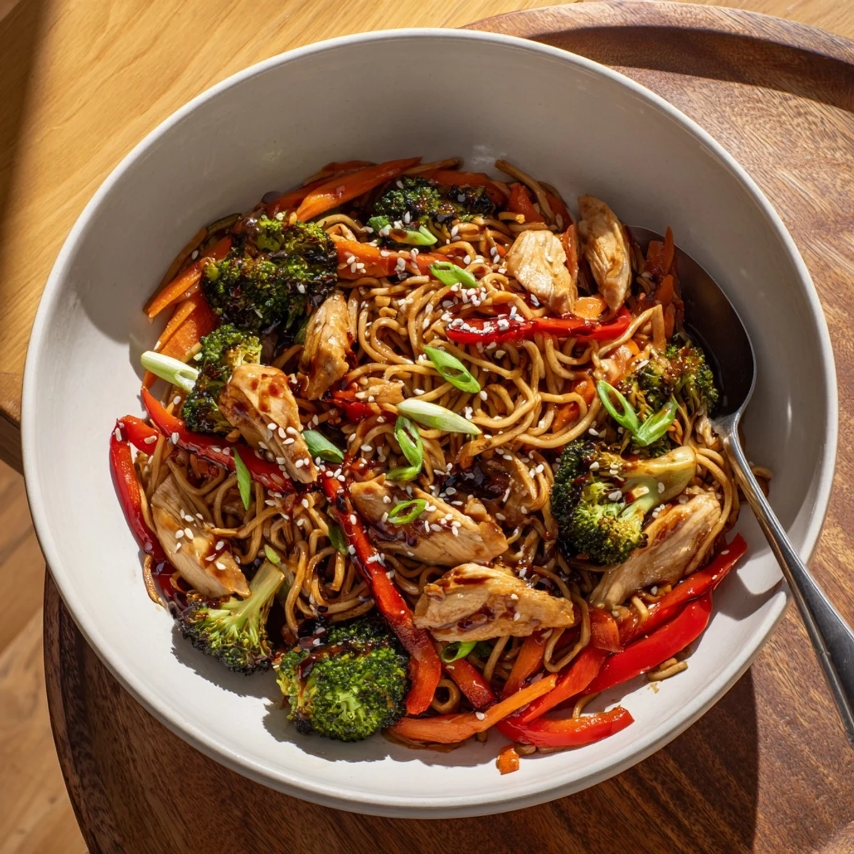 Overhead view of Spicy Ramen Stir-Fry with julienned carrots, crisp broccoli florets, and juicy chicken pieces tossed in a bold, aromatic spicy sauce.