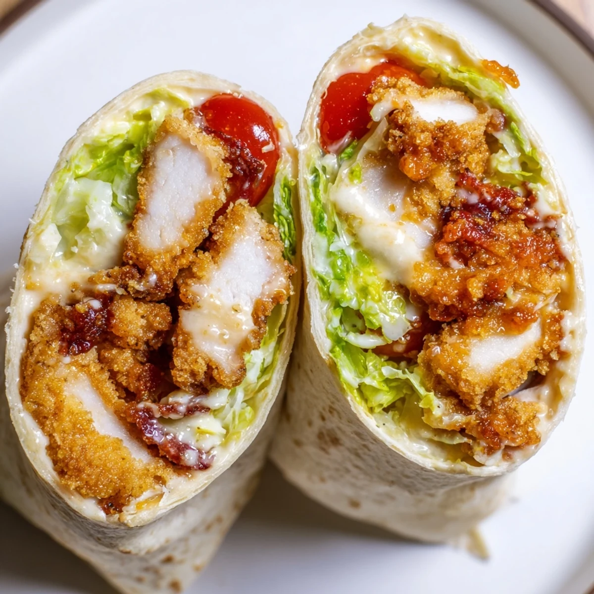 Golden brown crispy chicken strips tossed in glossy hot honey sauce rest on a bed of Caesar-dressed romaine, all wrapped in a warm flour tortilla.