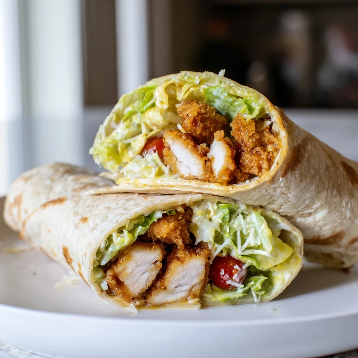 Freshly assembled Hot Honey Chicken Caesar Wrap on a wooden board, garnished with Parmesan shavings and croutons for a crunchy finish.
