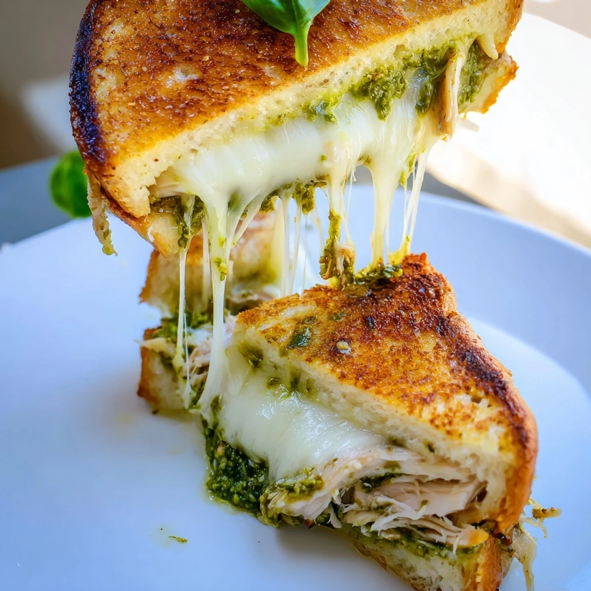 A close-up of a golden Mozzarella Pesto Chicken Grilled Cheese, with melted cheese oozing from between crispy sourdough slices.