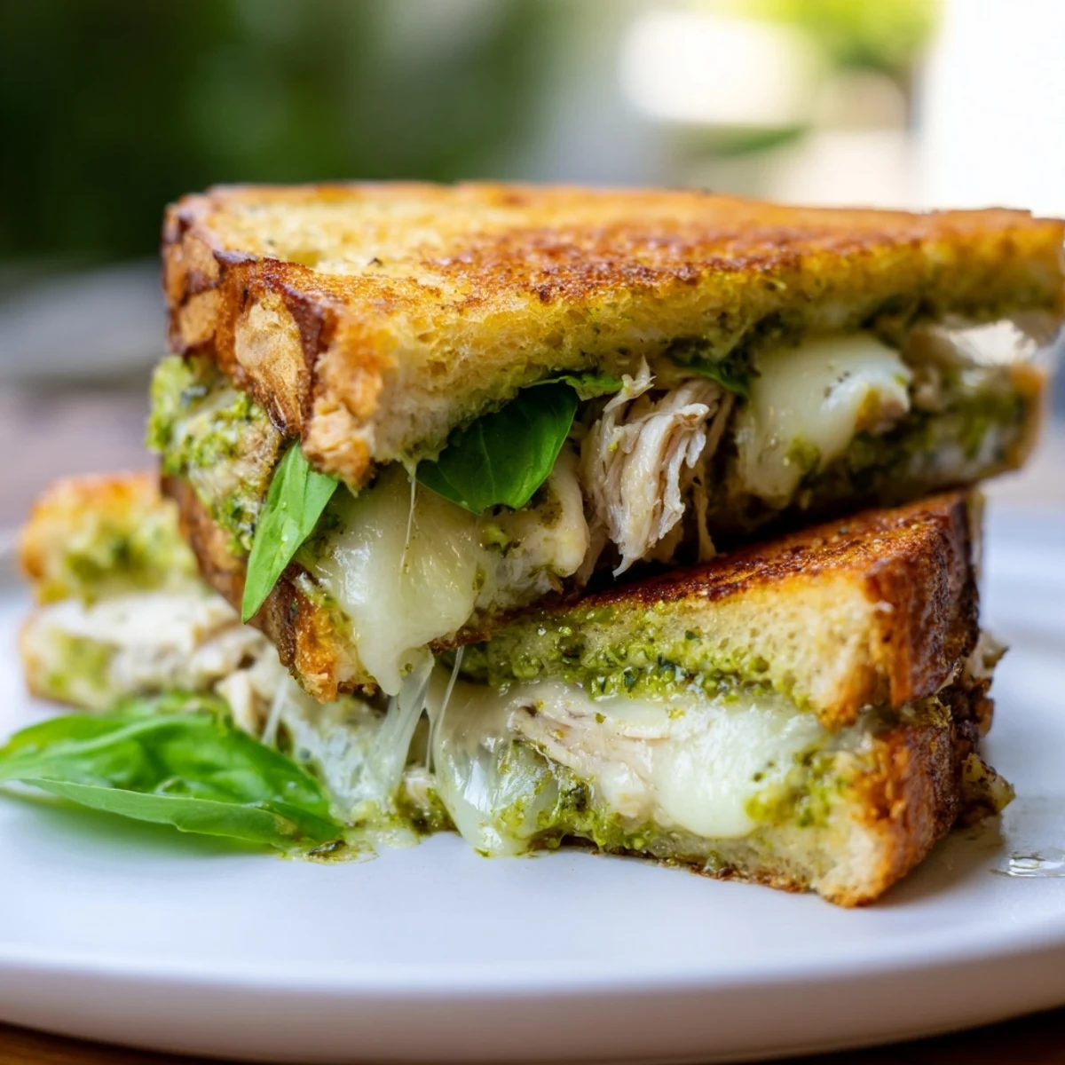 The Mozzarella Pesto Chicken Grilled Cheese is cut in half on a wooden board, revealing layers of shredded chicken and pesto.