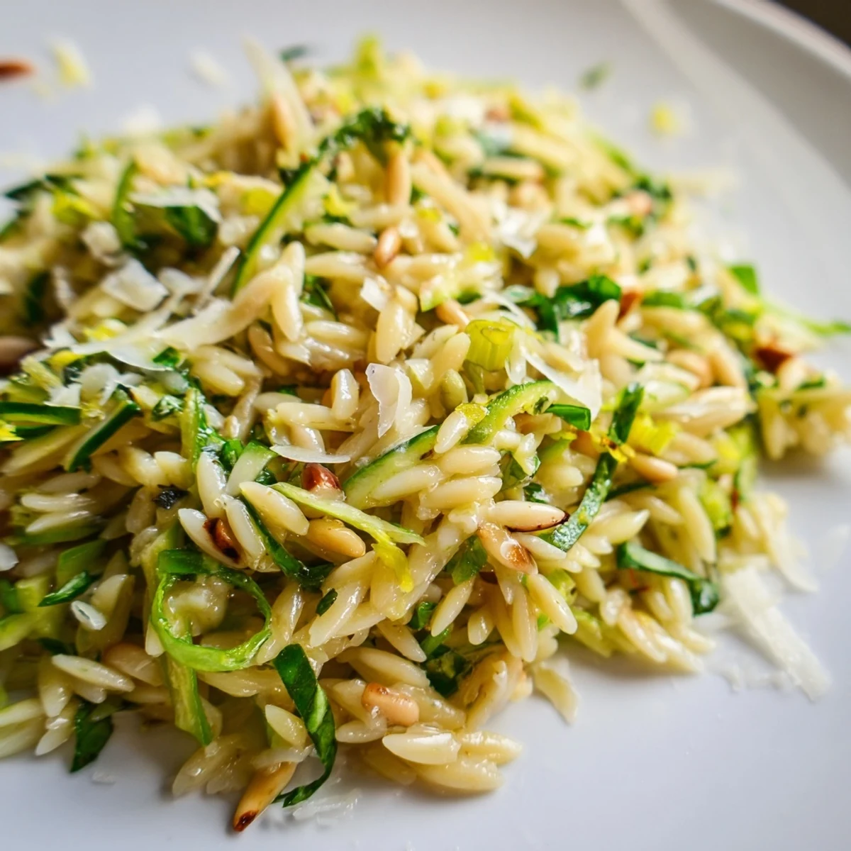 Shaved asparagus ribbons and tender orzo mingle with shaved Parmesan in this vibrant Asparagus Lemon Orzo Salad, tossed in a bright lemon-olive oil dressing, topped with toasted pine nuts and fresh herbs.