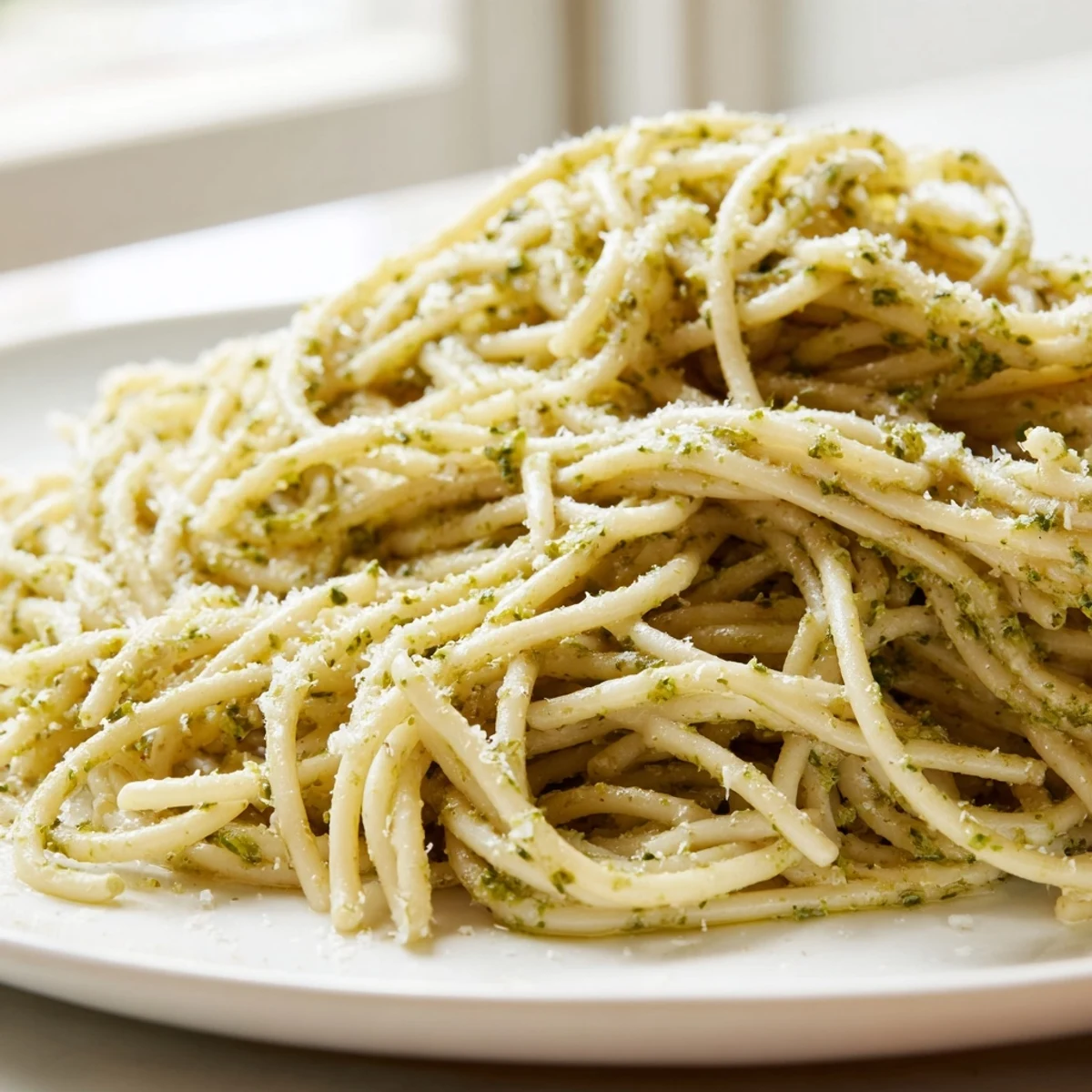 Sunflower seed pesto pasta tossed in a creamy sauce, garnished with extra seeds and lemon zest for a bright finish.