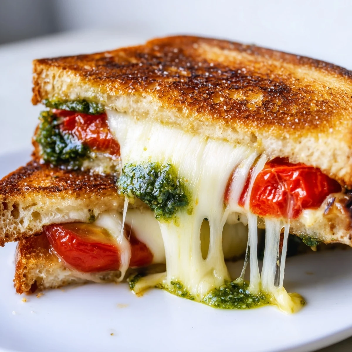 A gourmet Roasted Tomato Pesto Grilled Cheese with vibrant roasted tomatoes, spinach, and pesto on buttery, toasted bread for a comforting meal.