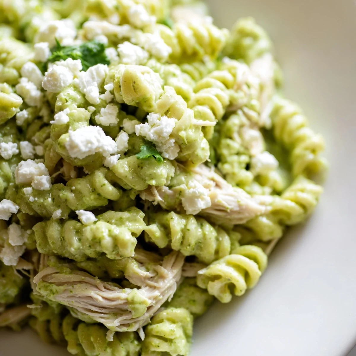 A vibrant bowl of cilantro lime chicken pasta tossed with fresh cilantro and lime zest, ready to serve for dinner.