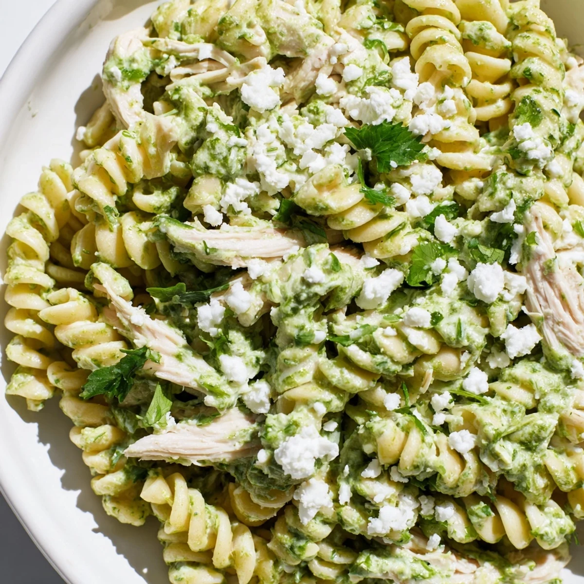 Tender rotini and shredded chicken coated in a bright green cilantro lime chicken pasta sauce, topped with crumbled feta and extra cilantro.
