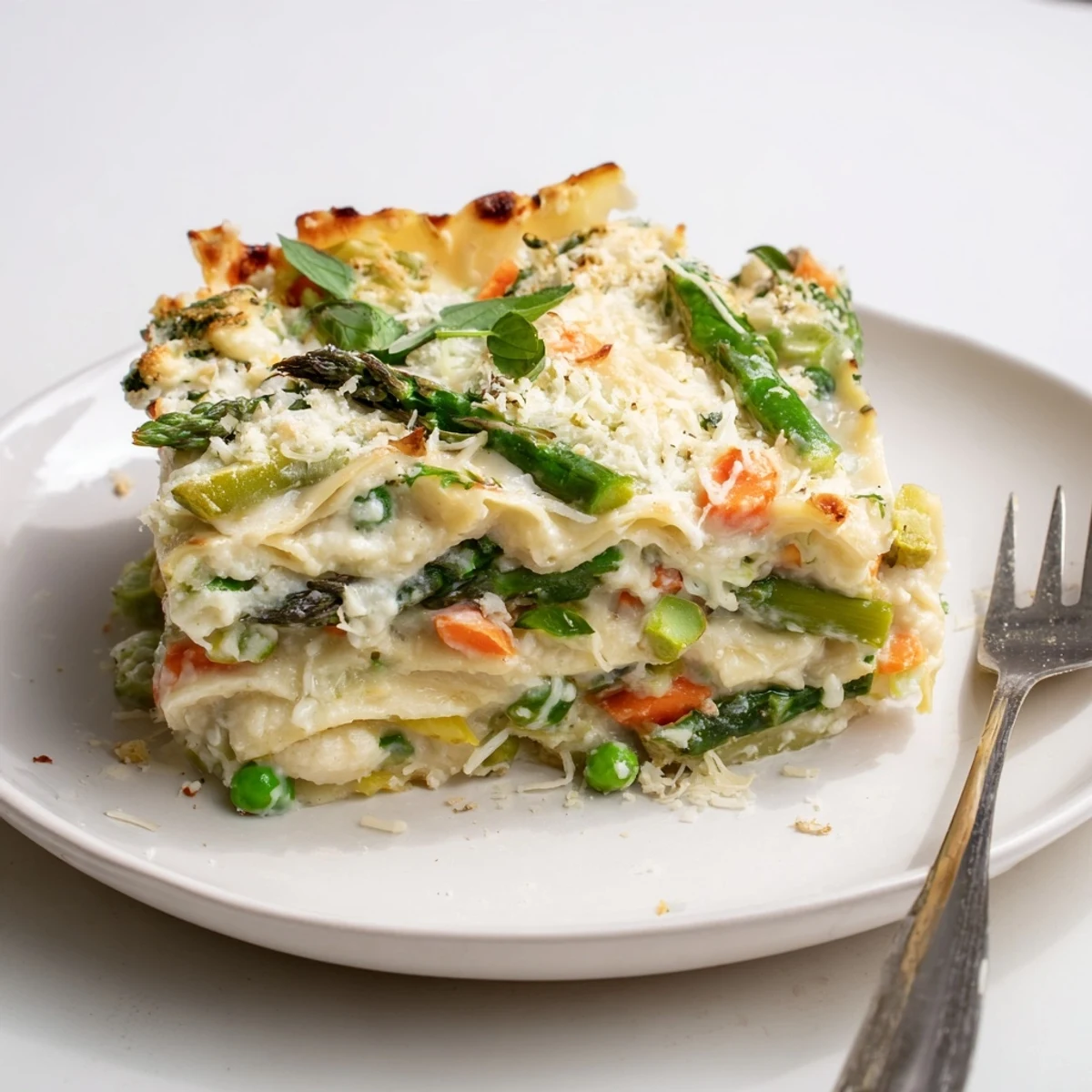 A golden-brown Spring Veggie Alfredo Lasagna emerges from the oven, showcasing bubbly cheese and vibrant veggies.  