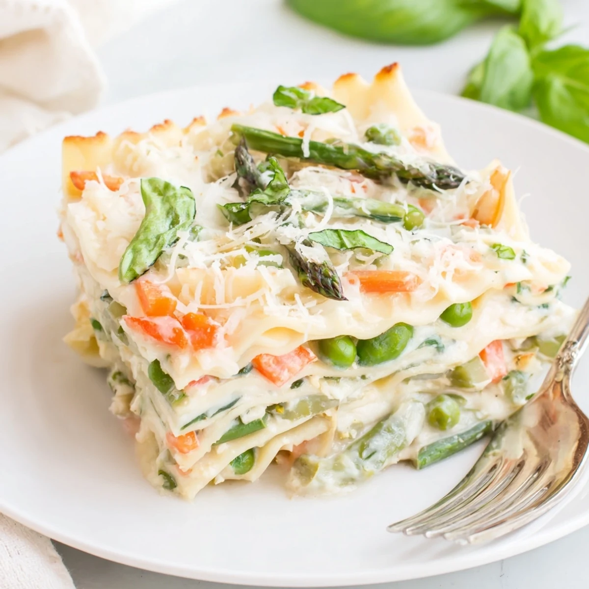 Spring Veggie Alfredo Lasagna layers no-boil noodles with creamy Alfredo sauce and tender spring vegetables in a baking dish.  