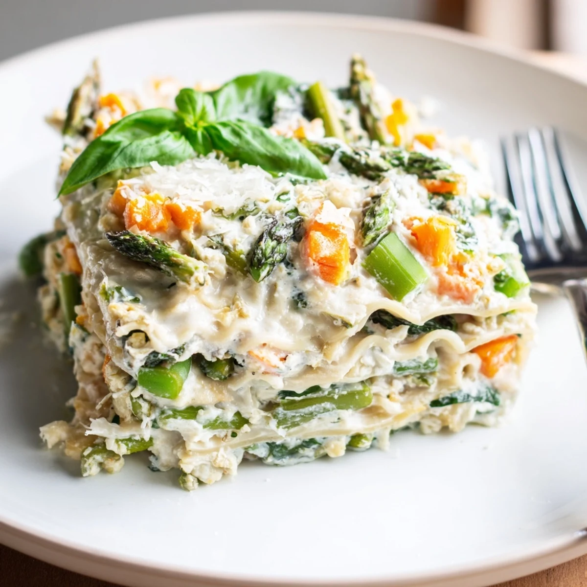Slice into a hearty serving of Spring Veggie Alfredo Lasagna, garnished with fresh basil and a sprinkle of Parmesan.