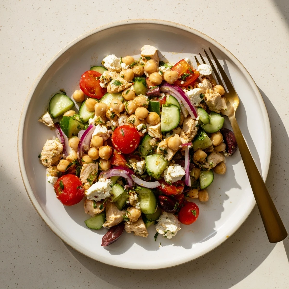 Bright Mediterranean Chickpea Chicken Salad with diced chicken, chickpeas, cherry tomatoes, cucumber, and crumbled feta cheese on a white plate.