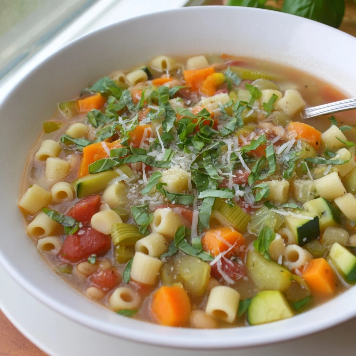 A close-up of homemade Minestrone Vegetable Soup with colorful beans, ditalini pasta, and fresh parsley garnish.