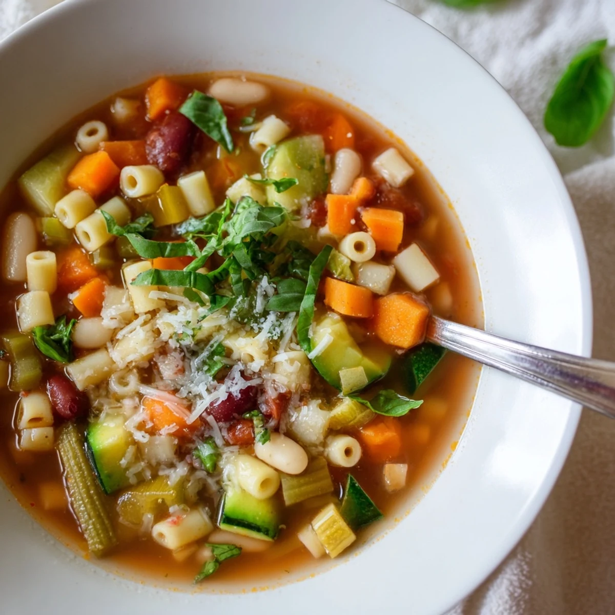 Minestrone Vegetable Soup served in a rustic ceramic bowl with Parmesan cheese garnish and fresh basil on top.