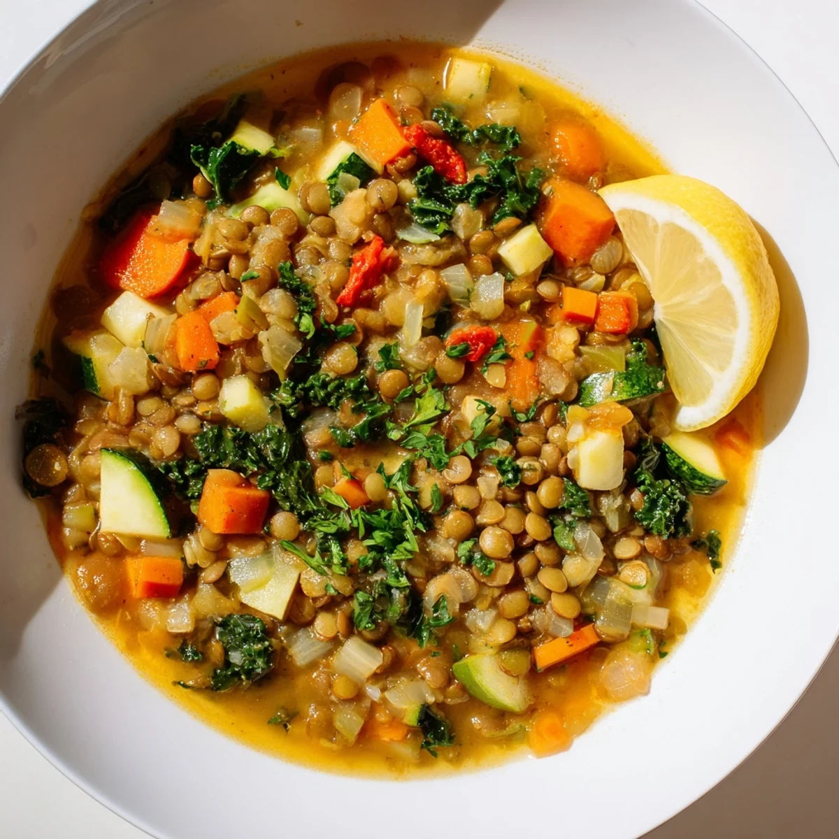 A steaming bowl of Lentil and Vegetable Soup with tender lentils, diced carrots, celery, and fresh spinach garnished with parsley.