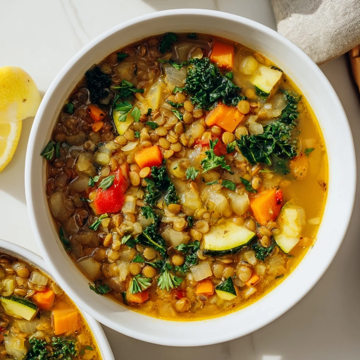 A close-up of a ladle serving Lentil and Vegetable Soup, featuring zucchini and red bell pepper in a warm, spiced broth.