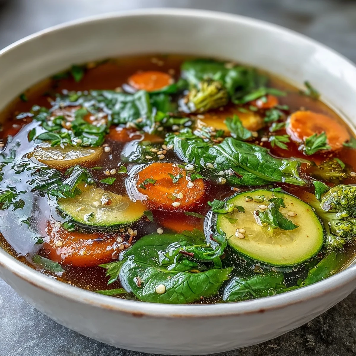 Close-up of vibrant Collagen-Boosting Broth Bowl with tender vegetables.